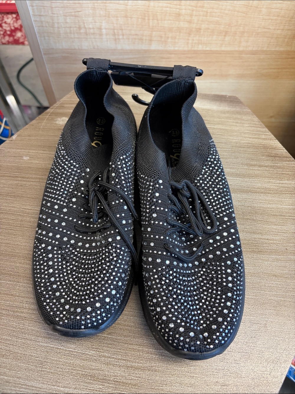 Men's Black Knit Slip-On Sneakers with Crystal Accents YA3D6V
